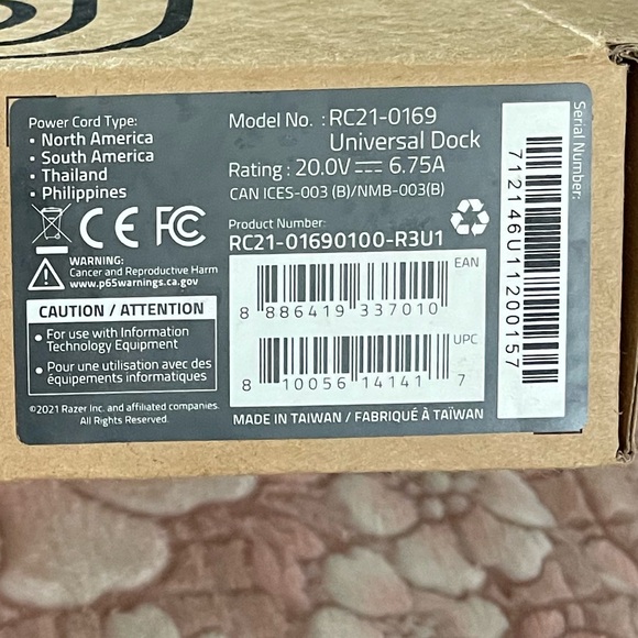 Razer Model No. : RC21-0169
Universal Dock
Rating : 20.0V --- 6.75A - Picture 8 of 14